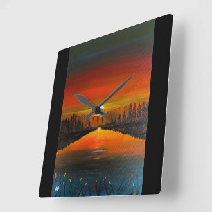 Horloge Carrée Coucher de soleil sur le lac Canyon, peinture d'Al