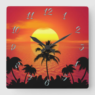 Horloge Carrée Coucher de soleil tropical
