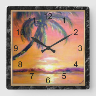 Horloge Carrée Coucher de soleil tropical, peinture d'art