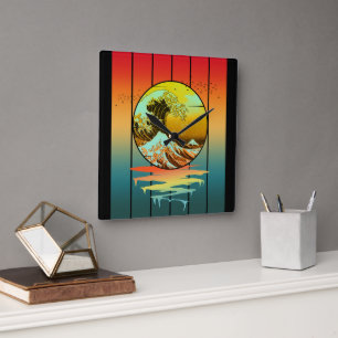 Horloge Carrée Coucher de soleil vintage vague japonaise Kanagawa