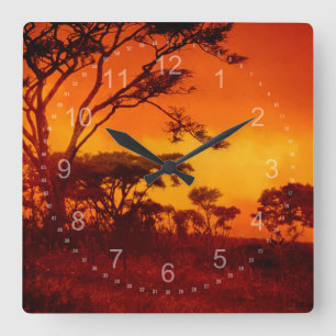 Horloge Carrée Coucher du soleil africain orange