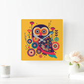 Horloge Carrée Couleur vive conception abstraite de chouette (Maison)