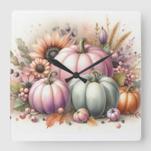 Horloge Carrée Couleurs pastel citrouille automne peinture aquare