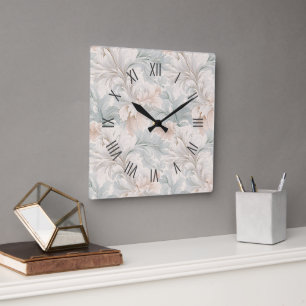 Horloge Carrée Couleurs pastel délicats motifs floraux ornementau