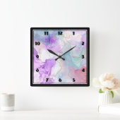 Horloge Carrée Couleurs violettes, vertes, roses, élégantes (Maison)