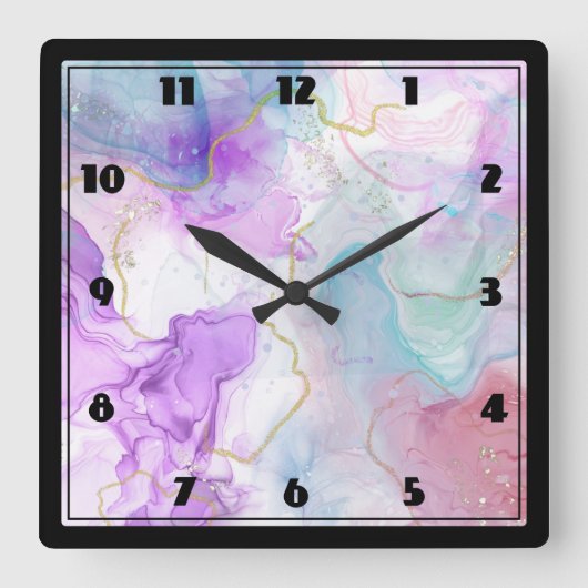Horloge Carrée Couleurs violettes, vertes, roses, élégantes (Recto)