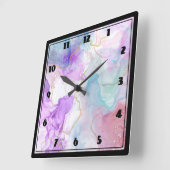 Horloge Carrée Couleurs violettes, vertes, roses, élégantes (Angle)
