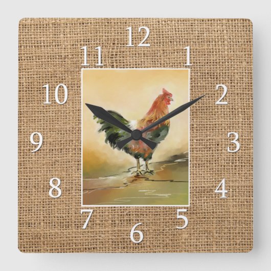 Horloge Carrée Country Kitchen Rooster Russe Burlap Farmhouse (Recto)