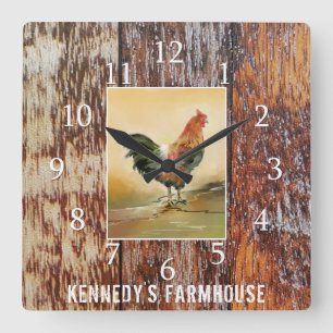 Horloge Carrée Country Kitchen Rooster Rustic Wood Farmhouse Nom