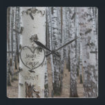 Horloge Carrée Country Rustic Carved<br><div class="desc">Personalized country rustic art carved heart design on the front feobjets a printed birch bark tree with a carved heart that you can customize by adding your names and underneath it, you can add your wedding date or special date. This would make a unique wedding shower vend ou anniversary vend....</div>
