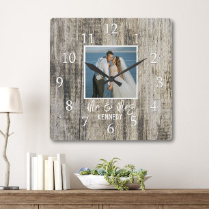 Horloge Carrée Couple de ferme rustique Photo Bois flotté récupér