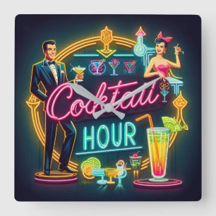 Horloge Carrée Couple de l'heure du cocktail enseigne au néon du