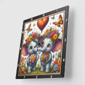 Horloge Carrée Couple d'Éléphants Couronne Florale (Angle)