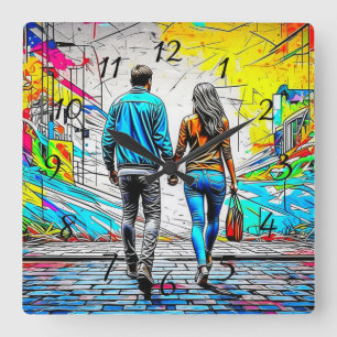 Horloge Carrée Couple Holding Mains Urbaine Street Art