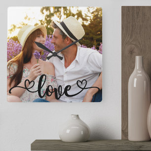 Horloge Carrée Couple Photo Amour et Cœurs Calligraphie