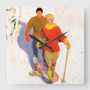 Horloge Carrée Couple Wearing Snowshoes par McClelland Barclay