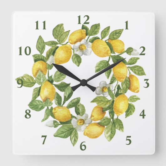 Horloge Carrée Couronne de citrons vert jaune (Recto)