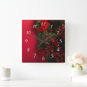 Horloge Carrée couronne de noël avec baies rouges (Maison)