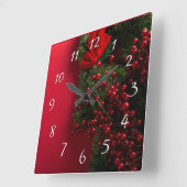 Horloge Carrée couronne de noël avec baies rouges (Angle)