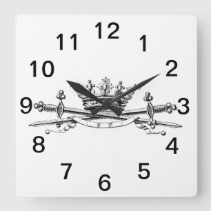 Horloge Carrée Couronne Héraldique Épées Croisées Sabres Emblème 
