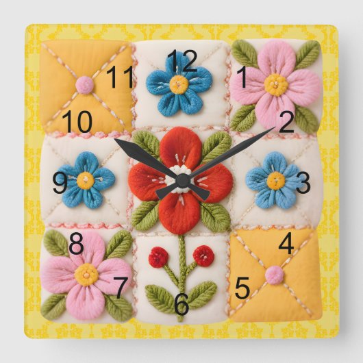 Horloge Carrée Courtepoint en patchwork de fleurs brodées (Recto)