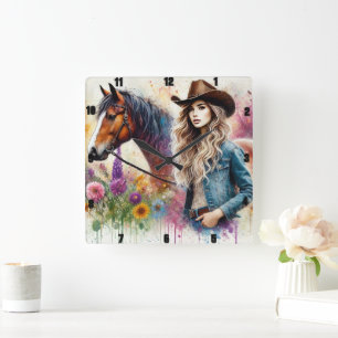 Horloge Carrée Cow-girl artistique et cheval avec florale vibrant