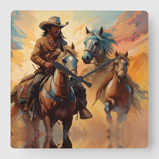 Horloge Carrée Cowboy Chevaux Occidentaux bleu Tan Collage (Recto)
