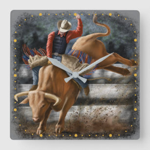 Horloge Carrée Cowboy Rodeo Rider Bucking Bull Thème occidental