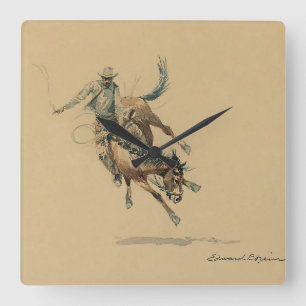 Horloge Carrée Cowboy sur un cheval qui rue #3 par Edward Borein