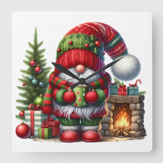 Horloge Carrée Cozy Christmas Gnome Art – Festive Holiday (Recto)