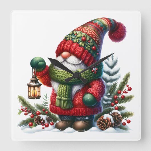Horloge Carrée Cozy Christmas Gnome Art – Festive Holiday (Recto)