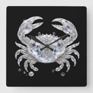 Horloge Carrée Crabe de cristal argenté Océan scintillant Luxe