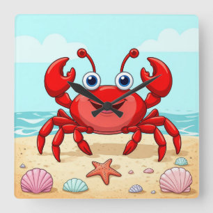 Horloge Carrée Crabe de Dessin Animé Rouge Joyeux Coquillage Mign