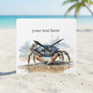 Horloge Carrée Crabe de plage à l'aquarelle, personnalisé