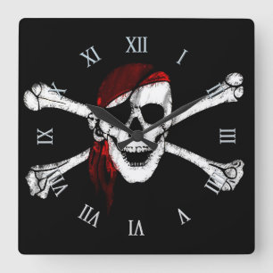 Horloge Carrée Crâne de pirate et os croisés