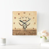 Horloge Carrée Crâne de vache Brown Western Pays Style rustique (Maison)