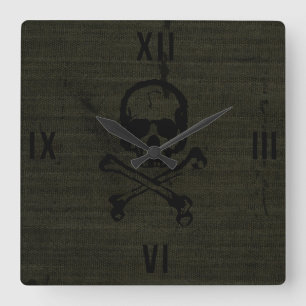 Horloge Carrée Crâne d'Halloween vintage vert grunge os croisés