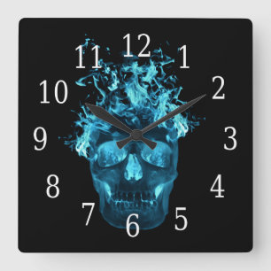 Horloge carrée crâne flamboyant bleu
