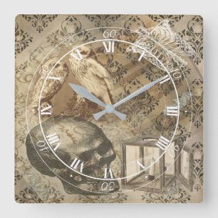 Horloge Carrée Crâne gothique, Chouette et Ephémère aux bougies