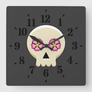 Horloge Carrée Crâne gothique déplaisant Kawaii avec fleurs