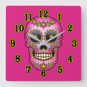 Horloge Carrée Crâne sucre Magenta Floral