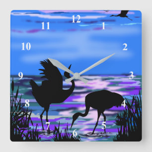 Horloge Carrée Cranes Birds Love Dance At Sunset Lake Wall Clock