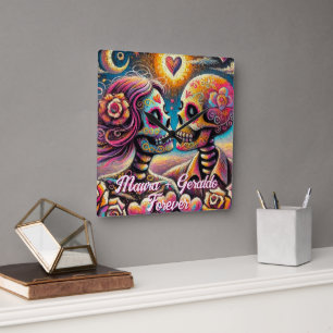 Horloge Carrée Crânes de sucre en amour Pastel à la craie Personn