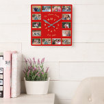 Horloge Carrée Create Custom 14 Family Photo Collage Red Gold Squ<br><div class="desc">Create your own custom, personalized, faux gold and christmas red, elegant faux gold typographiy font script, family 14 photo collage keepsake square wall clock. To customize, simply type in your family name & year, and add fourteen of your favorite family / kids / baby / pets / paires / wedding...</div>