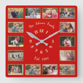 Horloge Carrée Create Custom 14 Family Photo Collage Red Gold Squ (Recto)