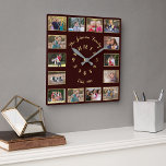 Horloge Carrée Create Custom Brown Faux Gold Family Photo Collage<br><div class="desc">Create your own custom, personalized, faux gold and dark brown, elegant faux gold typographiy font script, family 14 photo collage keepsake square wall clock. To customize, simply type in your family name & year, and add fourteen of your favorite family / kids / baby / pets / paires / wedding...</div>