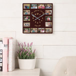 Horloge Carrée Create Custom Brown Faux Gold Family Photo Collage<br><div class="desc">Create your own custom, personalized, faux gold and dark brown, elegant faux gold typographiy font script, family 14 photo collage keepsake square wall clock. To customize, simply type in your family name & year, and add fourteen of your favorite family / kids / baby / pets / paires / wedding...</div>