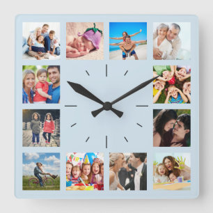Horloge Carrée Create Your Custom 12 Photo Collage Memories Blue