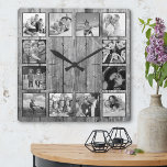 Horloge Carrée Create Your Custom Photo Collage Rustic Farmhouse<br><div class="desc">Créez votre propre horloge murale 12 photo Instagram photo collage personnalisé avec vos images personnalisées sur un arrière - plan rustique en planches de bois style ferme. Ajoutez vos photos, designs ou oeuvres d'art préférés pour créer quelque chose de vraiment unique. Pour modifier ce modèle de conception, il vous suffit...</div>