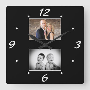 Horloge Carrée Create your Elegant Black White 2 Photo Collage